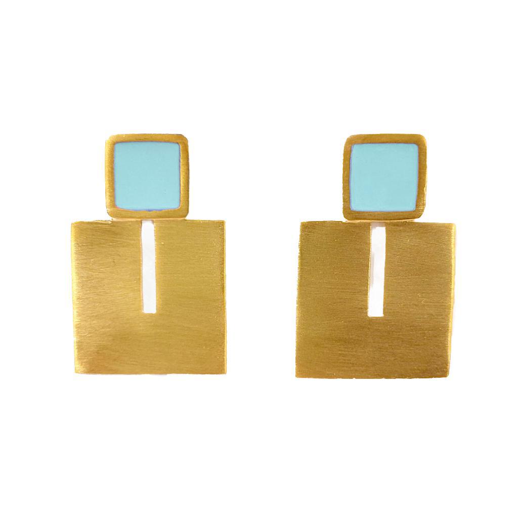 Square Enamel Brass Earrings - Teal