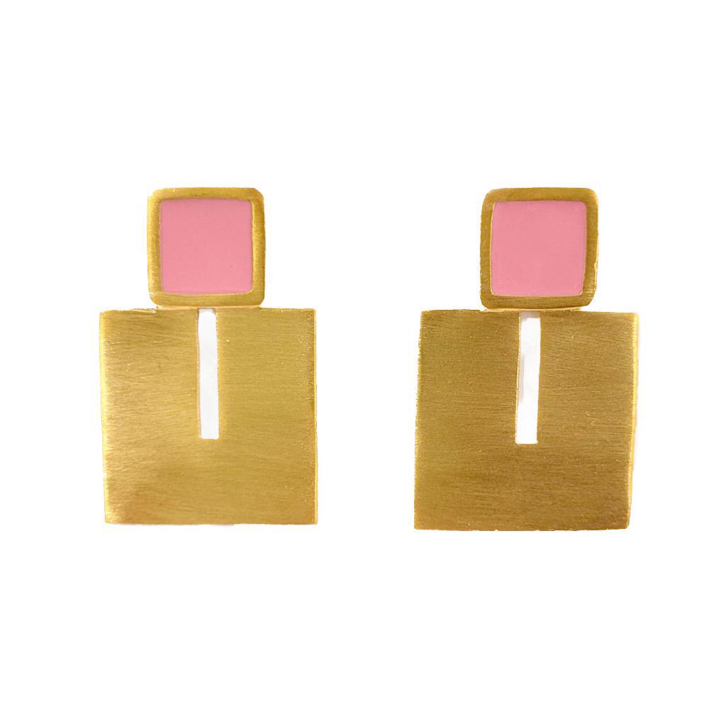 Square Enamel Brass Earrings - Pink