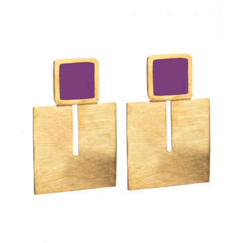Square Enamel Brass Earrings - Purple