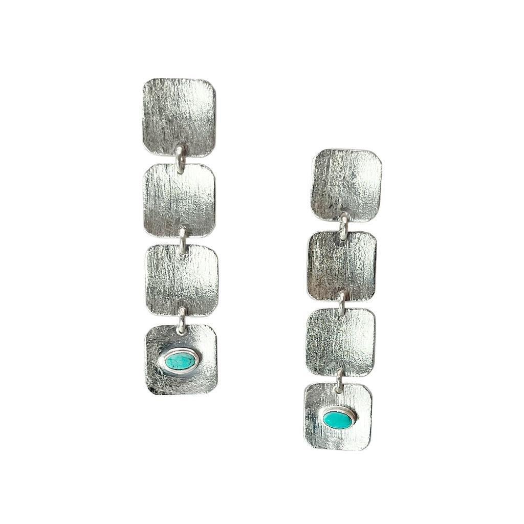 Cascading Brass Turquoise Silver Earrings