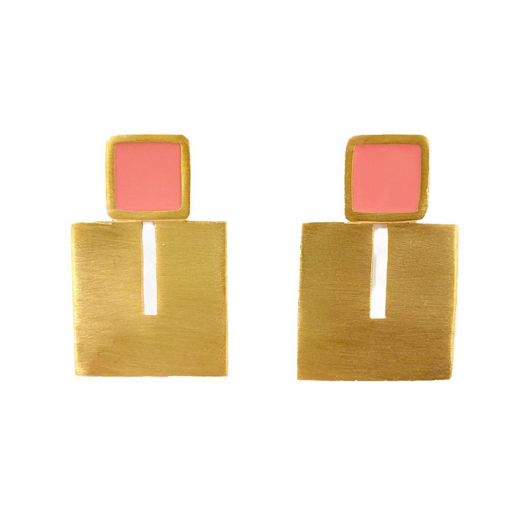 Square Enamel Brass Earrings - Peach