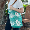 Teal Hibiscus Leather Handle Tote