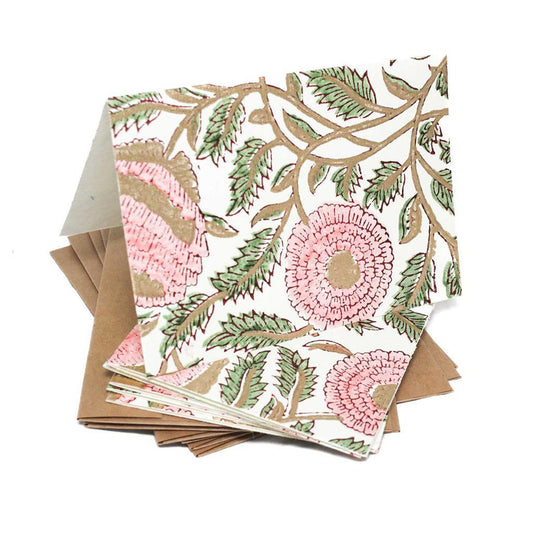 Pink Floral Block Print Card - Set of 4