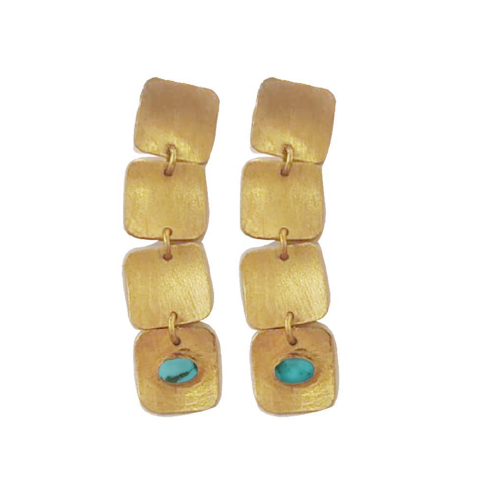 Cascading Brass Turquoise Gold Earrings