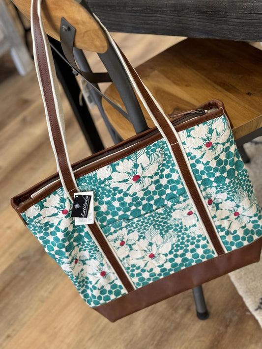 Hibiscus Teal Leather Tote