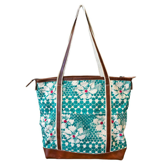 Hibiscus Teal Leather Tote