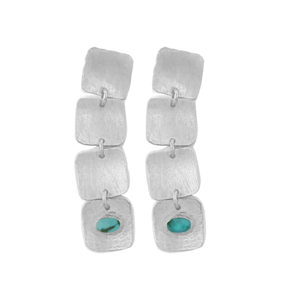 Cascading Brass Turquoise Silver Earrings