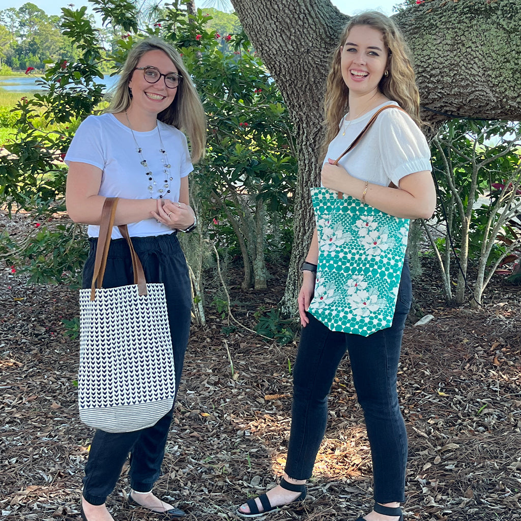 Teal Hibiscus Leather Handle Tote