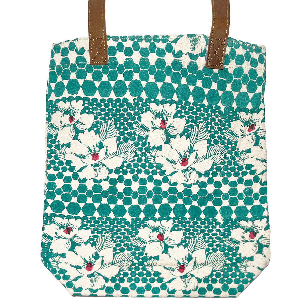 Teal Hibiscus Leather Handle Tote