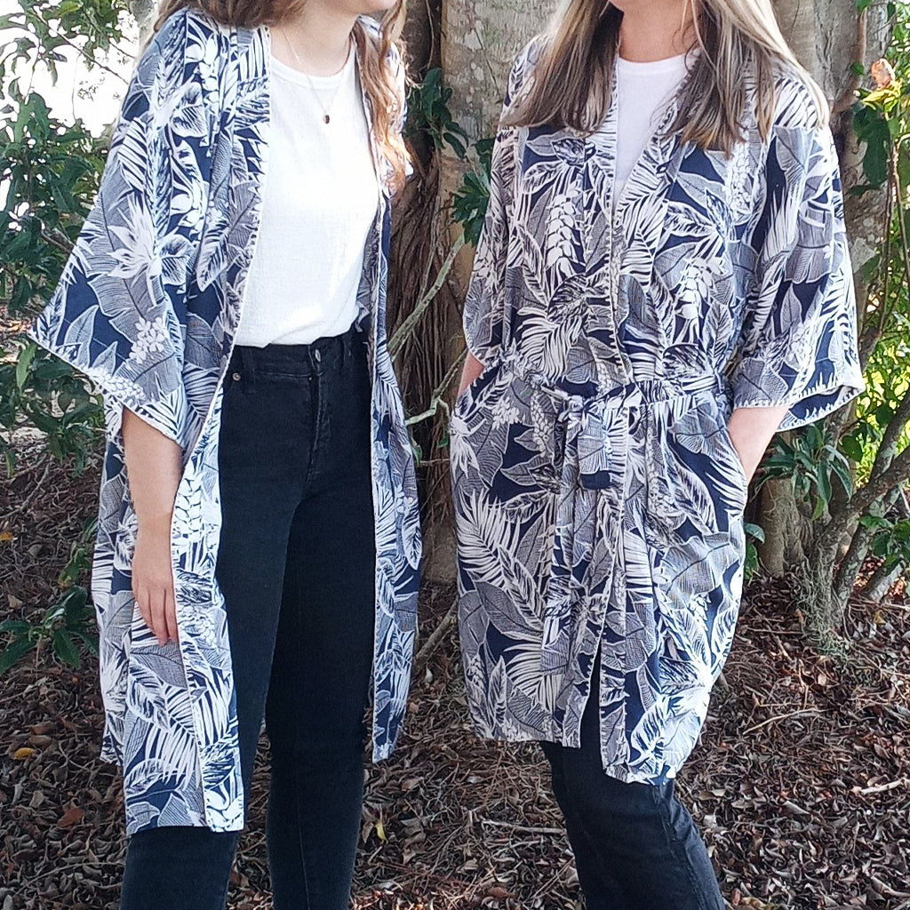 Navy Kantha Stitch Kimono Robe